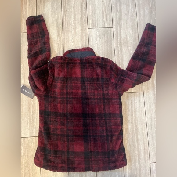 Eddie Bauer Womens Medium Top Sherpa Sweatshirt Red Black Plaid 1/4 Button New - Picture 8 of 8